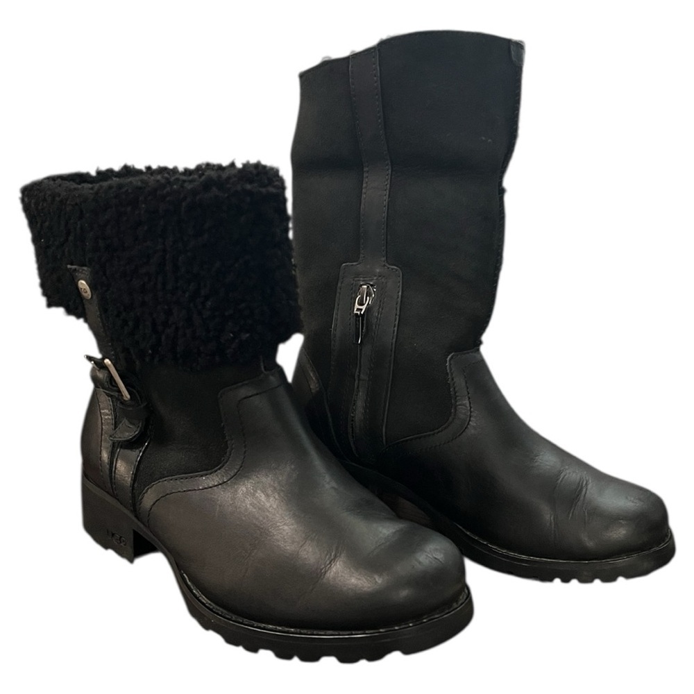 UGG Black Bellvue II Leather Boots with Shearling Lining Size 6 - Picture 2 of 12